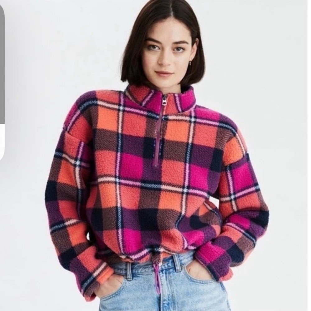 American Eagle Plaid Fleece Pullover Pink Orange cropped woman’s small - Picture 1 of 7